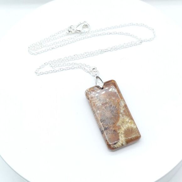 Natural Fossil Coral Necklace Fossilized Crystal Stone Pendant - Picture 1 of 9